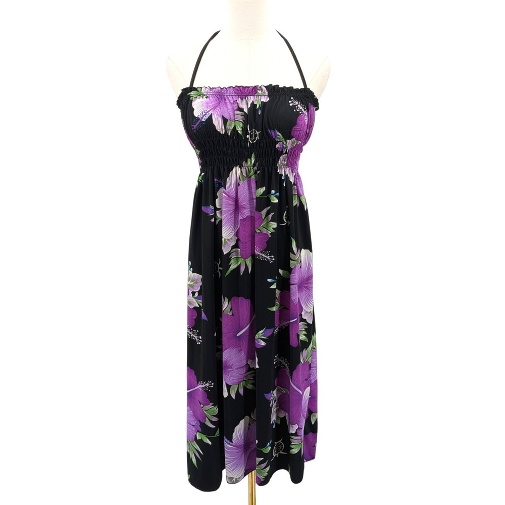 Aloha Tropical Hibiscus‎ Halter Maxi Dress Smocked Resortwear One Size